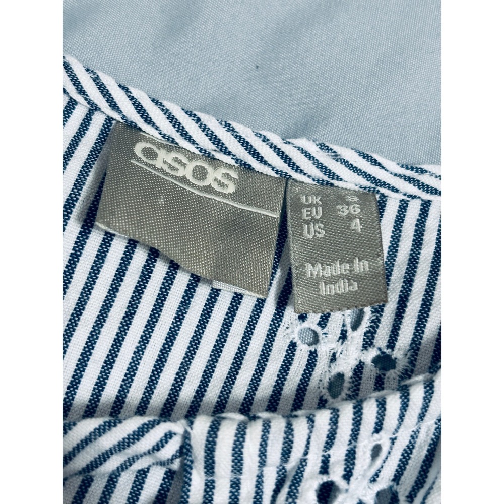 ASOS Design Blue White Striped Seersucker Eyelet Mini Dress Long Sleeve Sz 4 - Picture 10 of 10